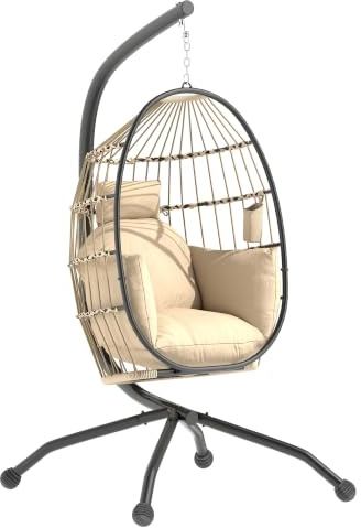 Outsunny Poltrona Sospesa a Uovo con Gancio Regolabile, 2 Cuscini Lavabili e Portabicchieri, Sedia a Dondolo da Giardino Pieghevole, Base a X in Acciaio, per Interni ed Esterni, 120x88x192 cm, Cachi