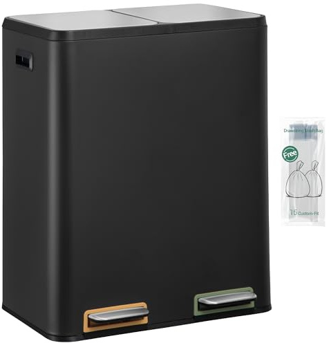 Hzuaneri Kitchen Bin, 2 x 30 L Recycling Bins for Kitchen, Colored Pedal Bin with Lid, Removable Inner Buckets, Stainless Steel Rubbish Bins for Recycling and Waste, for Kitchens, Black SW23099B