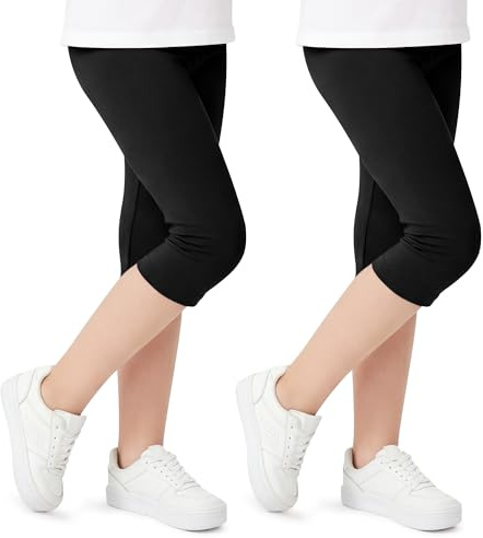 Domueay leggings för flickor 3/4 vår sommar bomullsbyxor 2-pack barnkläder träningskläder för 6-13 år, Svart och svart, 12-13 År