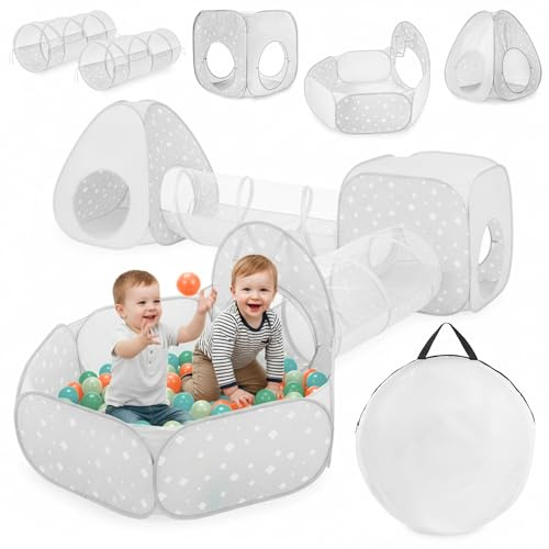 Mamabrum Percorso Motricità Bambino 5 in 1, Tenda per Bambini Interni Esterni con Tunnel e Piscina a Palle, Parco giochi Pieghevole Labirinto da 3 Anni