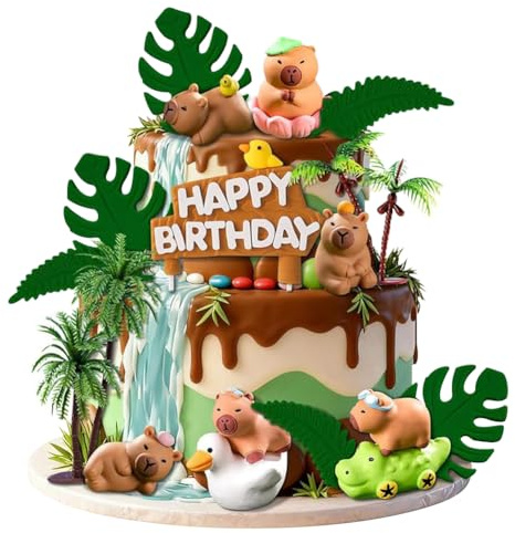 LIAJIA Tårtdekoration Capybara figurer tårta dekoration födelsedag tårta topper blad tårta dekoration grattis på födelsedagen barns födelsedagskalas tårtdekoration sommarfest 15 stycken