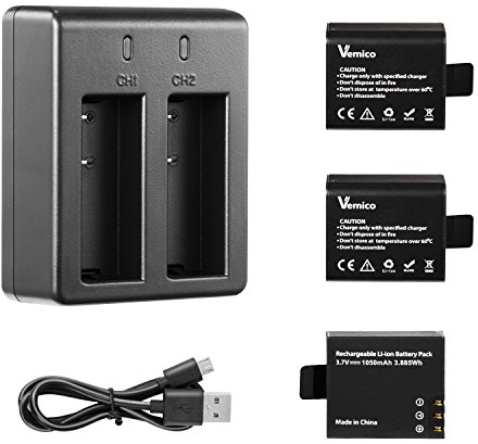 Vemico Action Cam Akku Ladegerät Kits 3-teilige 1050mAh EK7000 Akku PG1050 für AKASO EK7000 Pro,WOLFANG,iZEEKER,Surfola,TIMNUT,Apexcam,Rollei,VEMONT,Greatop,Explotrek,Xilecam,APEMAN,Crosstour,SJ4000