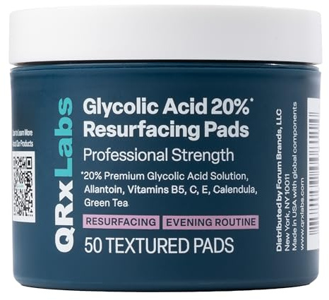 QRxLabs Glycolic Acid 20% Resurfacing Pads With Vitamins B5, C & E, Green Tea, Calendula, Allantoin - Exfoliates Surface Skin And Reduces Fine Lines And Wrinkles