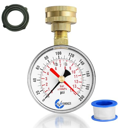 CARBO Instruments 2-1/2 Water Pressure Test Gauge, 0-200 PSI, Red Max Pointer, 3/4 Female Hose Thread, Rust-Free Corrosion-Resistant Case, Brass Connector, for Home, Garden, RV, Indoor/Outdoor