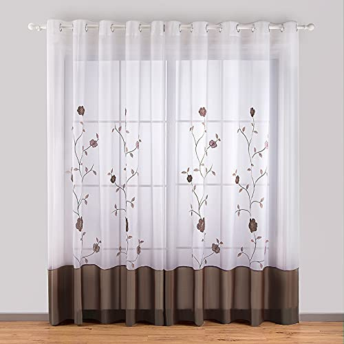 SIMPVALE Vorhänge mit Ösen, Blumenmuster Braun, 140x145 cm (B x H), 2er Set | Transparent Polyester Voile Vorhang, Stores Gardine Schals für Schlafzimmer, Wohnzimmer, Esszimmer, Heimbüro