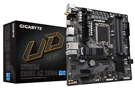 GIGABYTE B760M DS3H AX DDR4 (LGA 1700/ Intel/ B760/ M-ATX/ DDR4/ 2* M.2/ PCIe 4.0/ USB 3.2 Gen 2 Type-C/WiFi 6E/ 2.5GbE LAN/Q-Flash Plus/PCIe EZ-Latch/G. Aming Motherboard)