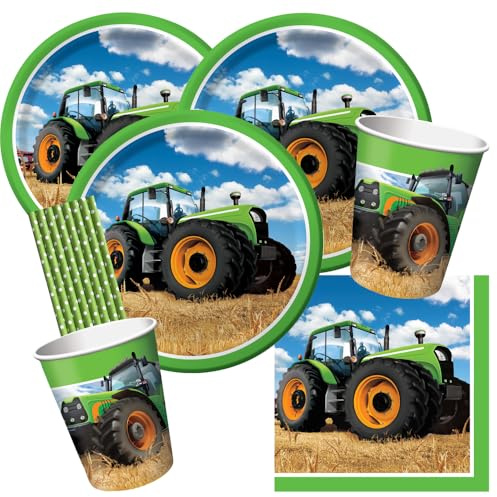 spielum 40-teiliges Party-Set Traktor Teller Becher Servietten Trinkhalme für 8 Kinder/Personen