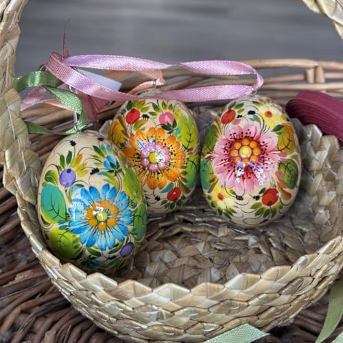 Ukrainische handbemalte bunte Ostereier aus Holz zum Aufhängen - 3 St Set Pysanky Traditionelle Ostereier mit Blumenmuster