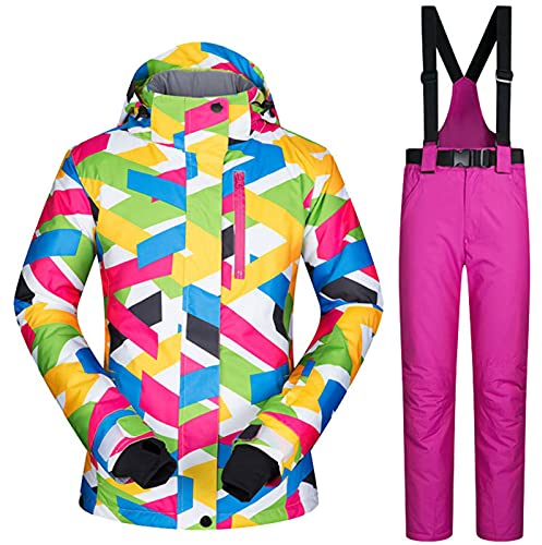 Damen Skijacke und Hose im Set, wasserdicht, winddicht, Snowboarden, bunt bedruckt, Schneeanzug, Kapuzenmantel, Reißverschluss, Rosa, Größe XL