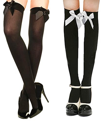 AWOCAN 2PCS Women Satin Bow Thigh High Stockings Over The Knee Socks Long Stockings for Girl Lady (Black+White Black+Black)