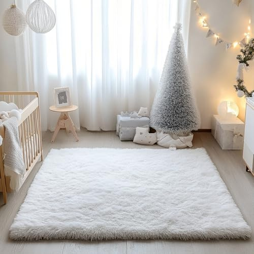 Shaggy Tapis de salon à poils longs, moderne, doux, antidérapant, doux et moelleux (120 x 170 cm, blanc)