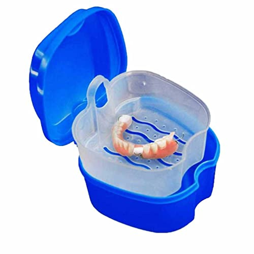 Zahnersatzbox mit spülbarem Korb, solide kiefergerechte Halterung, Zahnersatz, Badekoffer, Zahnersatz, Behälter mit Korb, Zahnprothesenhalter für Zuhause und Reisen, Reinigung – Dunkelblau