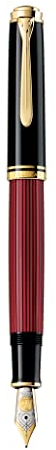 Pelikan Souverän M800 Füllfederhalter, Schwarz-Rot, 18K Bicolor-Goldfeder M, Kolbenfüller mit 24K vergoldeten Elementen