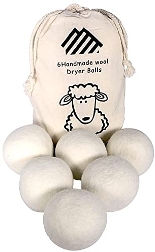 6 Pack XL Wool Tumble Dryer Balls - Natural Fabric Softener, Reduce Noise, Reduce Wrinkles, Shortens Drying Time, Eliminates Odors, Reusable, Unscented, 100% New Zealand Wool for Laundry