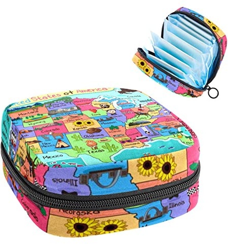 USA Map Period Pouch Tragbare Tampon Aufbewahrungstasche für Damenbinden, Mehrfarbig, 4.7x6.6x6.6 in/12x17x17 cm