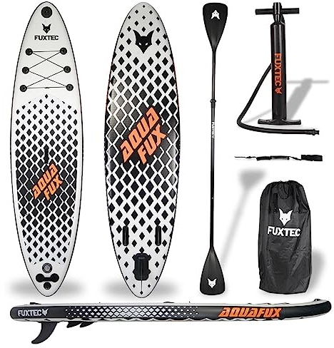 Fuxtec Aufblasbares SUP Board Set Schwarz/Weiß – Stand Up Paddle Board 320 x 81 x 15 cm mit 3 Finnen – Touring-Board belastbar bis 150kg – inkl. Packsack