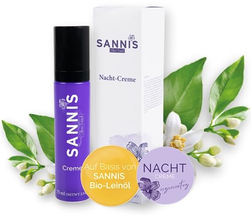 SANNIS Nachtcreme auf Basis von Bio-Leinöl 75ml I von der Natur inspirierte Nachtpflege Gesichtscreme mit Omega 3 & Antioxidantien I reichhaltige Feuchtigkeitscreme für einen vitalen Teint