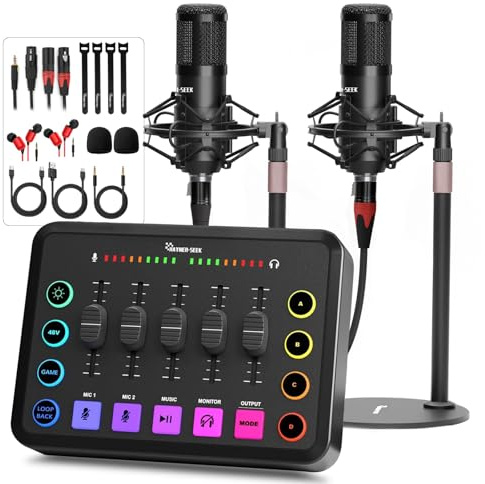 Podcast Equipment Bundle for 2, RGB Audio Interface with XLR Condenser Microphone, and 3.5mm Mic, Mute,48V Phantom Power for Streaming,Gaming,Recording-Black (H1)