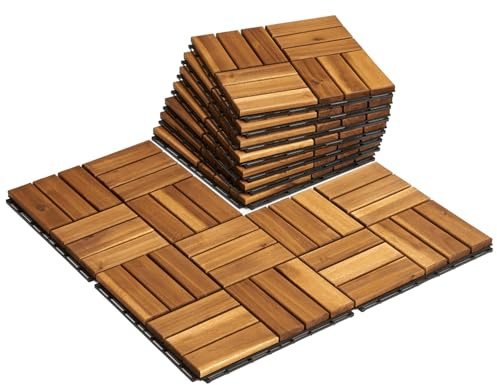 THYOI Premium Deck Tiles, Patio Flooring - Outdoor Waterproof Acacia Wood Tiles for All Weather Use - Balcony, Backyard, Indoor & Outdoor (Square Ft - 10, Golden Teak, 12S)