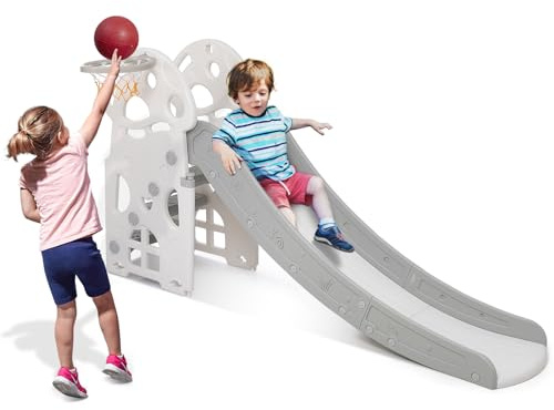 4 in 1 Toddler Slide, Indoor Slide for Toddlers with Extra Long Slipping Slope and Basketball Hoop, Baby Slide for Kid Play Climber Slide Playground, Ideal Gift for Age 1-7 Boys & Girls (Grey)