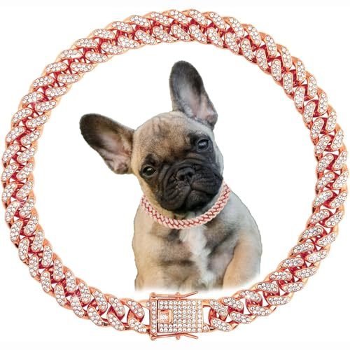 Rotgoldenes Hundehalsband mit Glitzer-Strasssteinen und glitzernden Diamanten, Metallhalskette, kubanische Glieder-Katzenhalsbänder für kleine, mittelgroße und große Haustiere, Hunde, Welpen, Rosa