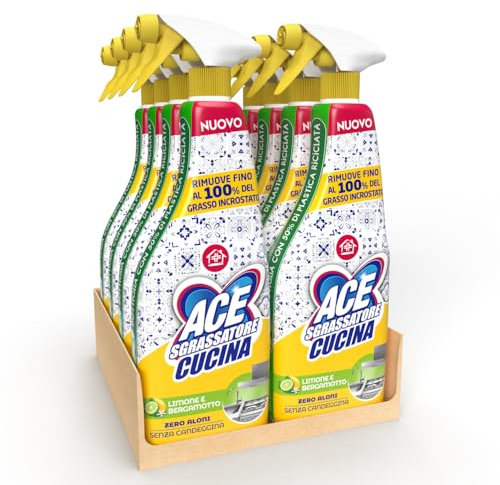ACE Spray Sgrassatore Cucina, Senza Candeggina, Zero Aloni, Profumo di Limone e Bergamotto, 8 flaconi da 600 ml