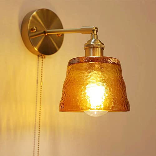 JFQOWCMP Nordic Copper Wall Sconces Single Head Glass Wall Mounted Light Indoor Wall Lamp with Pull Cord Switch Post-Modern Bedside Wall Lights for Living Room Bedroom Hotel (Color : Orange)