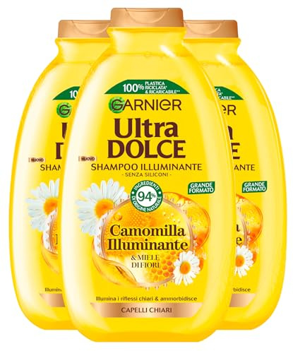 Garnier Ultra Dolce Shampoo Kamille Aufhellend Weichspüler für helles oder helles Haar mit Blütenhonig feuchtigkeitsspendend schützende Inhaltsstoffe 94% natürlichen Ursprungs - 3 Flaschen à 400 ml