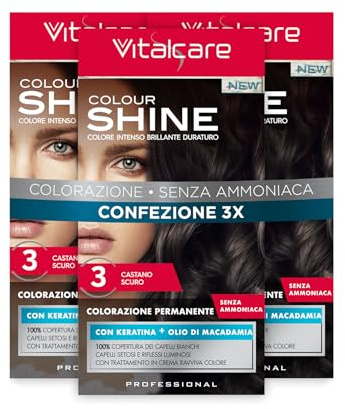 Vitalcare | Colourshine - Colorazione Permanente Professionale, Tinta Capelli Senza Ammoniaca con Cheratina e Olio di Macadamia, n°3, Castano Scuro, 3 Confezioni