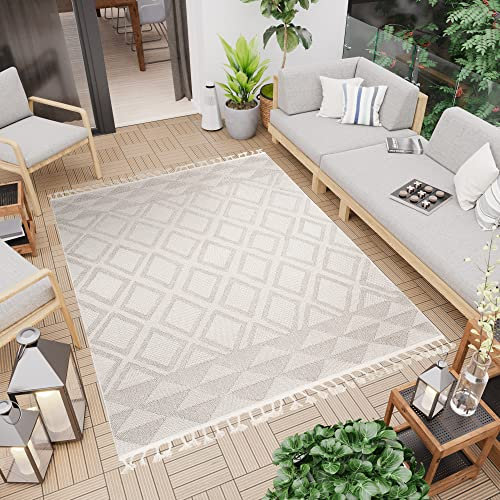 TAPISO Timber Teppich Outdoor Creme Beige Terasse Balkon Indoor Sisaloptik mit Fransen Geometrisch Figuren Wetterfest UV-Beständig ÖKO-TEX 160 x 220 cm