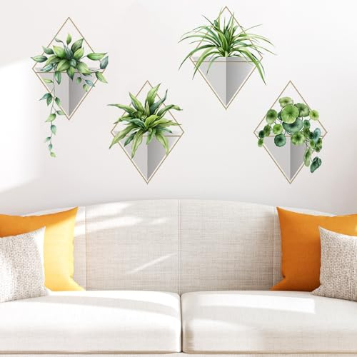 Stickers muraux plantes 4pcs, stickers muraux en céramique verte réaliste autocollants muraux autocollants salon chambre cuisine décoration de bureau stickers muraux imperméables