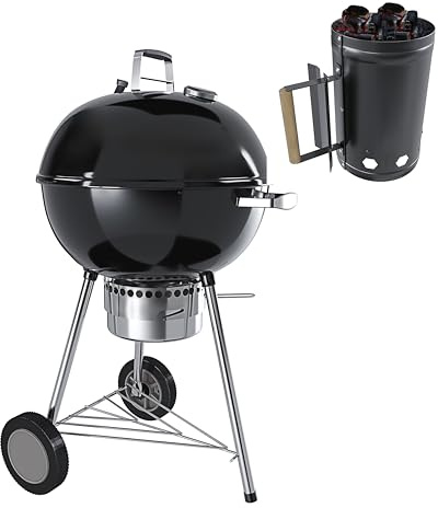 Barbecue 57 Cm Rotondo A Carbonella Carbone + OMAGGIO Accenditore Starter BBQ Portatile Compatto Grill Griglia Da Giardino Picnic Balcone Terrazzo Con Coperchio Ruote E Termometro Colore Nero