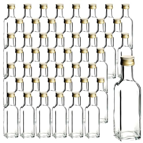 gouveo 48 unidades botellas de vidrio 100 ml (0,1 l) Maraska cierre de rosca dorado botellas cuadradas transparentes para rellenar y almacenar licor aceite vinagre sirope (MFET100G)