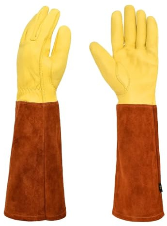 CAARLA Welding Gloves 1 Pair Heavy Gardening Rose Pruning Gauntlet Gloves Thorn Proof Long Sleeve Work Welding Garden Gloves(Brownish Yellow,Small)