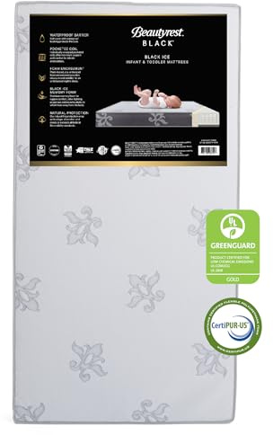 Beautyrest Black BlackICE 2-Stage Premium Crib and Toddler Mattress - CertiPUR-US Certified/Greenguard Gold Certified - Waterproof - Cooling Memory Foam, White/Grey