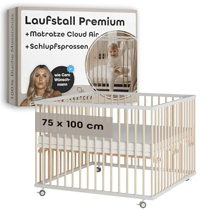 Sämann Baby Laufstall aus Holz I Weiß/Natur 75x100 cm I Inkl. Matratze Cloud Air & Schlupfsprossen I Höhenverstellbares Babybett aus Buchenholz I Laufgitter mit gummierten Rollen I TÜV geprüft