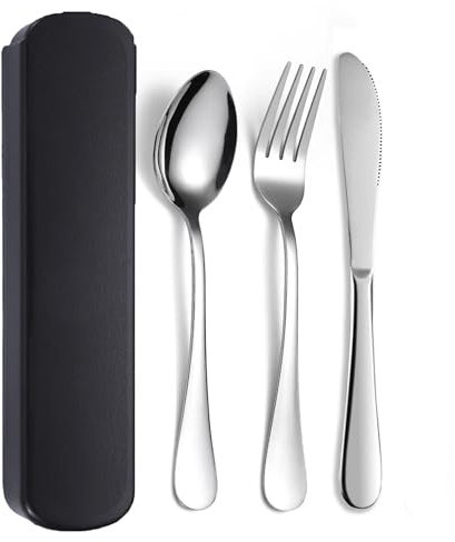 JIEYUCHU 3 Pezzi Posate da Viaggio, Posate Da Campeggio Kit Acciaio Inox, Set di Posate con Custodia Portatile, Coltello, Forchetta, Cucchiaio per Viaggi, Campeggio, Ufficio, Scuola (Nero)