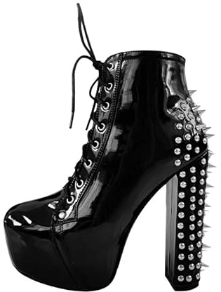 blingqueen Damen Plateau Stiefeletten Blockabsatz Punk Boots Schnürboots mit Nieten Lack Schwarz 39 EU