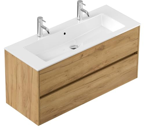 Lomadox Badezimmer Doppelwaschtisch 120 cm in Eiche, Mineralguss-Waschbecken, 2 Schubladen, wandhängend