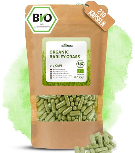 RheinNatur Bio Gerstengras Kapseln 210 Stück - 2700 mg je Tagesdosis - Reines Bio-Gerstengraspulver in pflanzlicher Kapselhülle, vegan