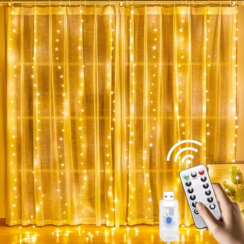 Lergas Lichtervorhang, 6x3m 300 LED Lichterketten Vorhang mit Fernbedienung, Lichtervorhang Innen mit 8 Modi mit Timer, USB Hängend Lichterkette Vorhang mit Haken für Zimmer Deko, Party Deko (B)