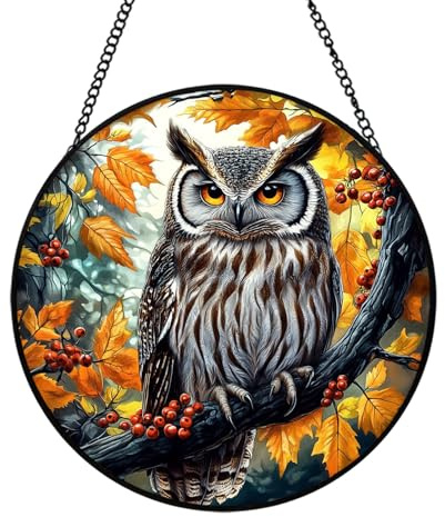 Xuoxeji Owl Stained Glass Window Hanging, 20cm/7.8in Owl Stained Glass Birds, Owl Gifts for Bird Lovers