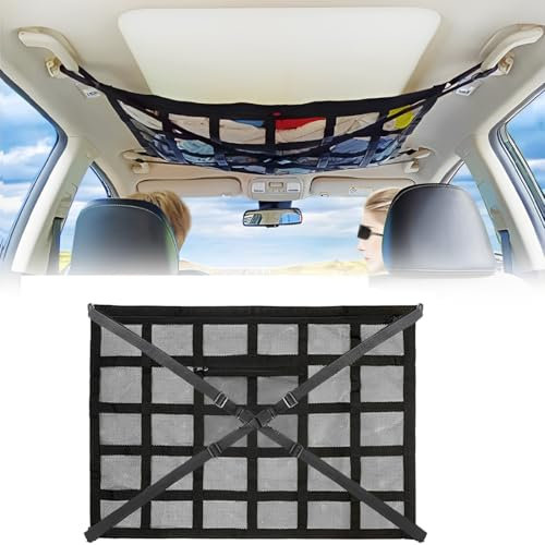 WUSJCOF Rete Portaoggetti Auto a Doppio Strato, Organizzatore da Tetto per Coperte e Vestiti, Accessori Campeggio per SUV, Van e Viaggi su Strada, per Quattro Maniglie del Tetto (90 x 65 cm)