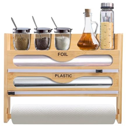 4-in-1 Küchenrollenhalter aus Bambus, Moderner Küchenorganizer Wandhalter für Küchenpapier, Alufolie, Frischhaltefolie & Gewürzflaschen – Scharfe Klingen, Platzsparend & Einfacher Montage