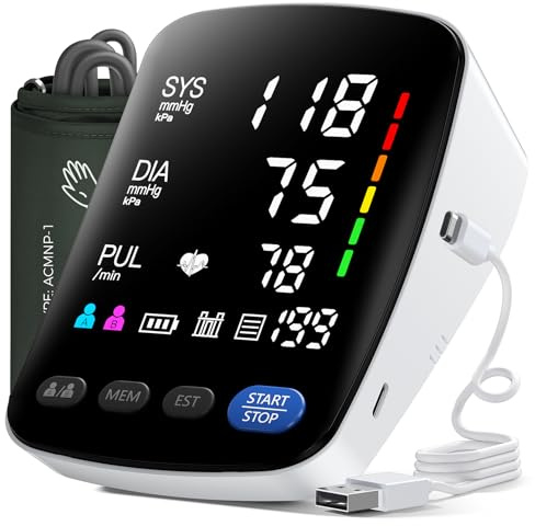 Tensiometro de Brazo Digital - Medidor Tension Arterial Profesional, Aparato Tension Arterial con Pantalla LED HD, Se Pueden Registrar 2 x 199 Datos de Usuario,Cable de Carga de Batería AA/Tipo-C