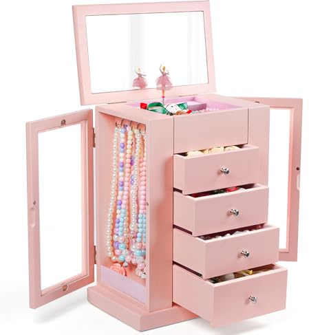 Emfogoo Boite a Bijoux Fille, 5 Niveaux Boîte à Bijoux Musicale Fille avec Danseuse en Rotation, Grande Boite a Musique Enfant en Bois pour enfants ans L'anniversaire de Cadeau(Rosa)