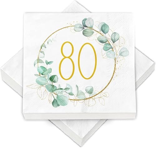 40 Stück Happy Birthday Servietten mit Eukalyptuskranz, 16.5×16.5cm