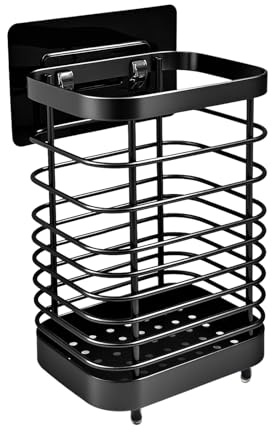 Stainless Steel Utensil Holder & Cutlery Drainer Rack – 304 Rust-Proof Kitchen Organizer Sink Tidy Storage for Forks, Spoons, Knives– Space-Saving Countertop or Wall Mount (10 x 7.5 x 15cm) (Black)