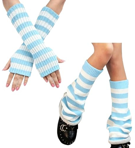 DUOJINSANXI Leg Warmers for Women Leg Warmers Y2k Knitted Kawaii Harajuku Legs Arm Warmers Set Lolita Accessories Girls (1, Blue and white)