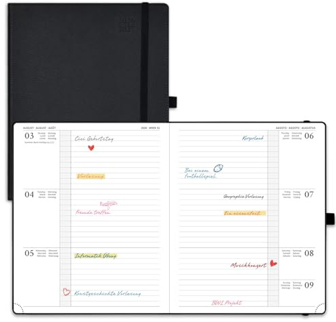 POPRUN Kalender 2026 2027 Horizontale Wochenplaner ca.A4(21,2 x 25,9cm) | 17-Monate-Terminplaner,(Aug.2026-Dez.2027),Terminkalender,Hardcover mit PU-Leder,Wochenplaner 1 Woche 2 Seite(Schwarz)